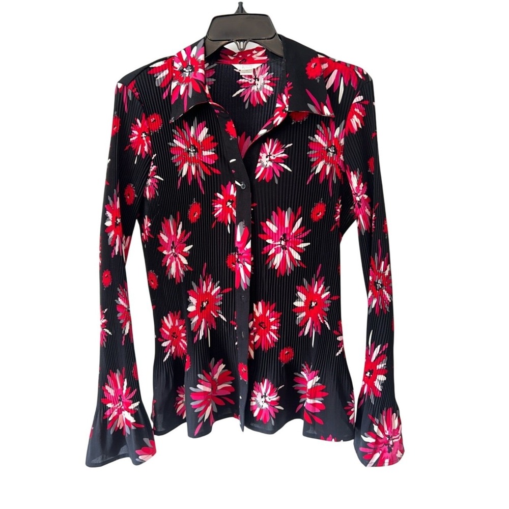 Christopher & Banks Black Button-Down Shirt with Red and Pink Floral Print stret